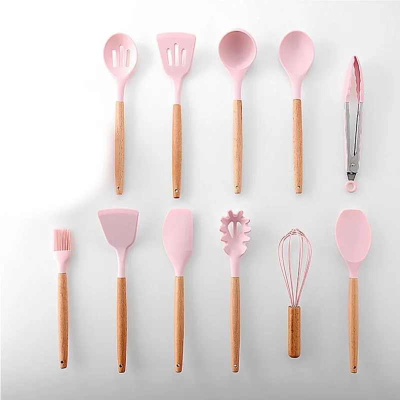 

Wood Hand Silicone Cooking Utensil Kitchen Tools Turner Soup Spoon Strainer Pasta Server Egg Beater Spatula Food Tongs Pink