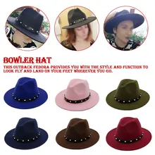 Зима Осень широкий джазования с полями церкви Крестный отец шляпы сомбреро для женщин и мужчин шерстяная шляпа Fedora с панк заклепки ленты элегантные леди