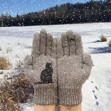 Зимние женские теплые перчатки, модные, с рисунком кошки, птицы, из кусков, шерстяные варежки, повседневные, для спорта на открытом воздухе, теплые, холодные, Полные Пальцы, перчатки