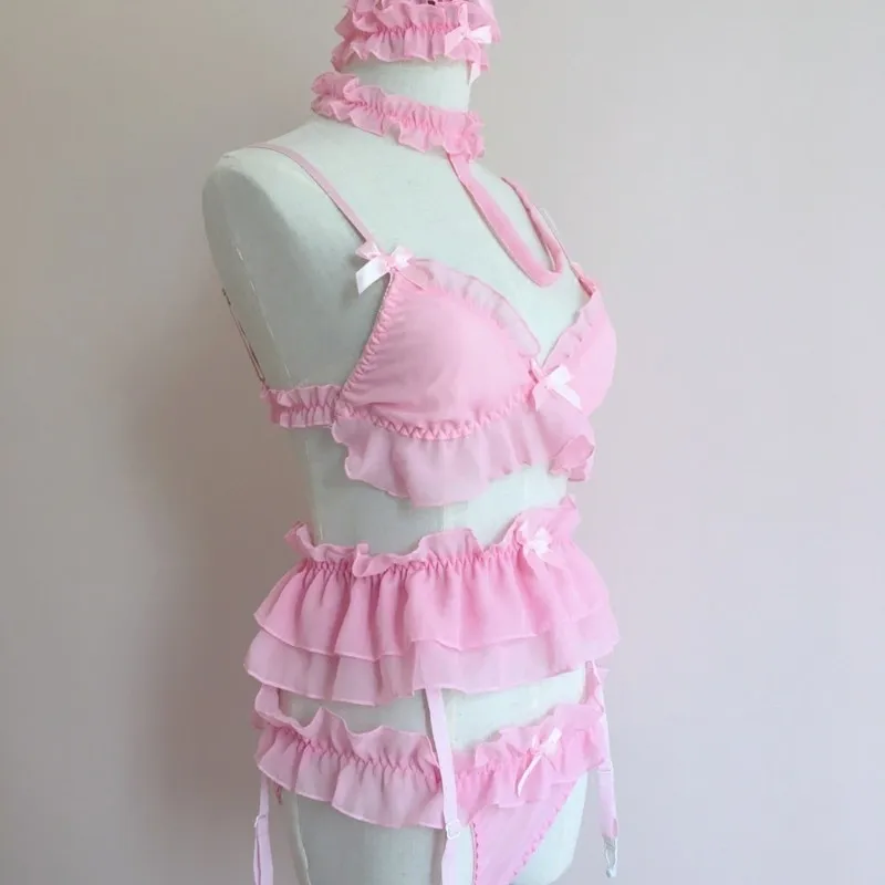 Персиковый Розовый Милый гофрированный ночная рубашка сексуальная тесемка подвязка белье пижамы наборы женские Kawaii горничной косплей кукла