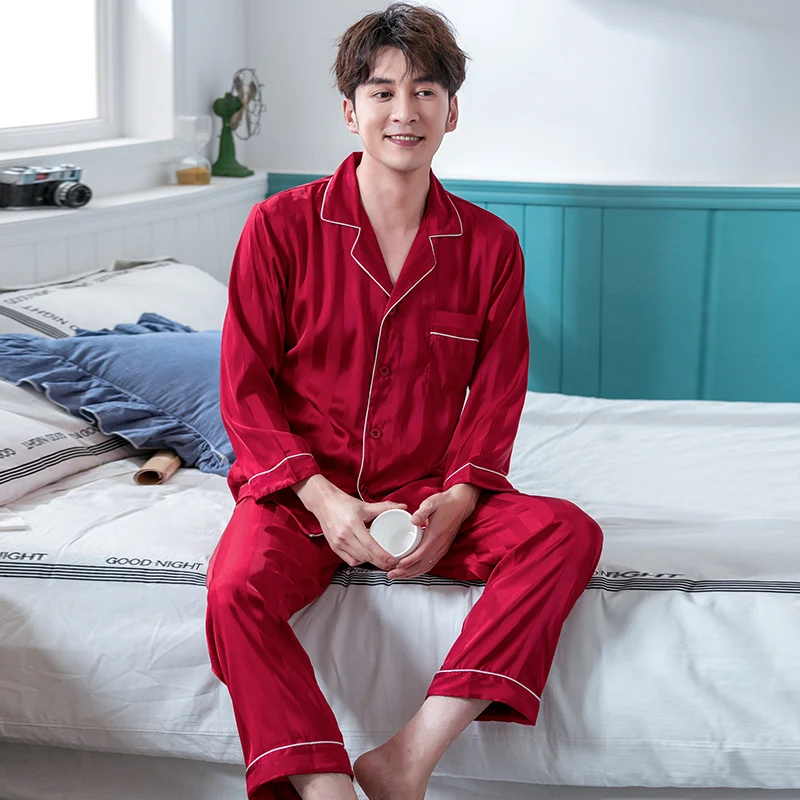 

Spring Pajamas Set For Men Stripe Long Sleeve Thin Man Sleepwear 2020 Nightwear Imitation Silk Homewear For Male Blue PJ Set