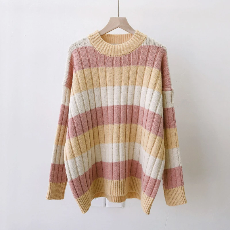 H. SA pull femme nouveaute Разноцветные полосатые джемперы с расклешенными рукавами, розовая Женская зимняя одежда