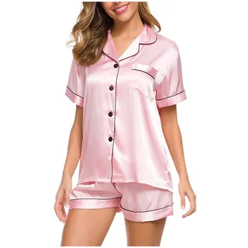 

Jaycosin Women Suits Womens Silk Satin Pajamas Set Two-piece Sleepwear Loungewear Button-down Sets Sleepwear Sexy Shorts Top