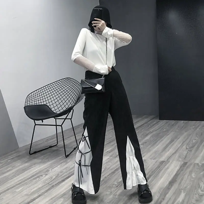 XITAO шифон, высокая талия брюки женские Нерегулярные Drawstring элегантные Лоскутные черные плиссированные маленькие свежие осенние брюки WQR1753