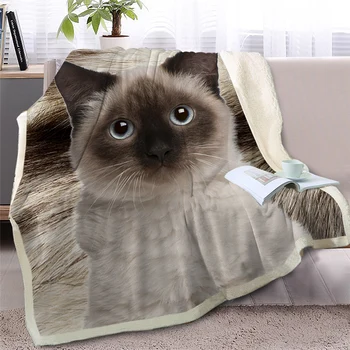 

2019 NEWEST Gray Cat Throw Blanket on Bed 3D Animal Plush Sherpa Blanket Pet Siamese Bedspreads Fur Print Thin Quilt 150X200CM
