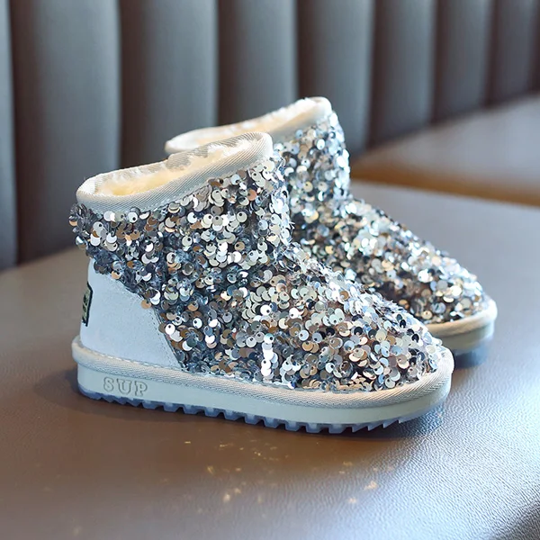 CCTWINS Kids Shoes Winter Girls Fashion Sequin Snow Boots Children Black Sparkly Short Boot for Toddler Glitter Shoe SNB095 - Цвет: Серебристый