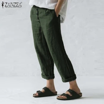 

ZANZEA Women Vintage High Waist Harem Pants Buttons Down Solid Long Trousers Casual Loose Cotton Linen Pants Straight Pantalon 7