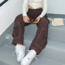 Brown Stacked Jeans Baggy Cargo Pants Women Wide Leg Big Pocket Denim Trousers 90S Aesthetic Vintage Jeans Boyfriend Streetwear