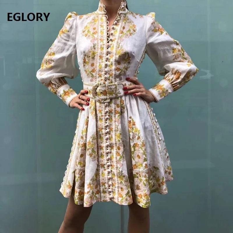 

100%Linen Dress New 2020 Spring Lux Party Women Exquisite Floral Prints Tunic Buttons Up Long Sleeve Shirt Style Dress Belt