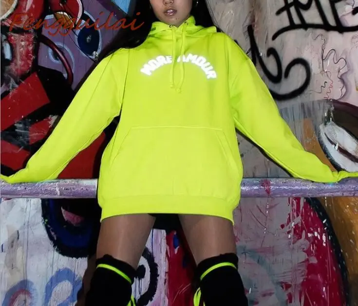 FENGGUILAI Neon Reflective Letter Print Fashion Hoodies Women 2019 Autumn Winter Long Sleeve Sweatshirt Casual Pocket Basic Hood | Женская