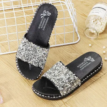 

f Sequins Slippers Rhinestones Flat Slippers Bling Crystal Women's Platform Summer Sandals Outdoor Ladies Shoes 2020 Fashion big