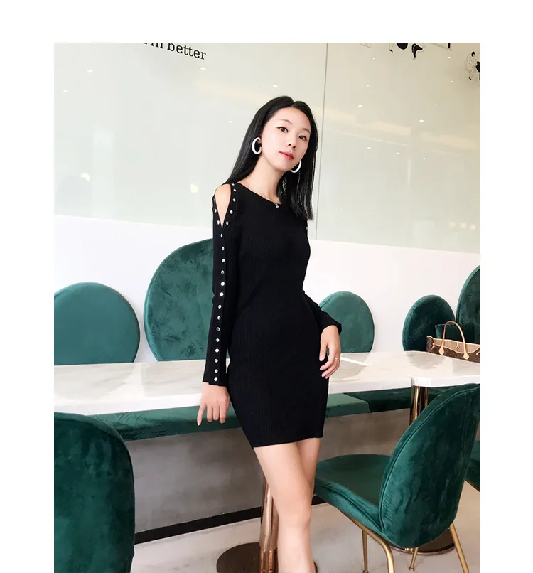 Fashion Women Knit Dress Solid Color Wild Casual Ladies Dress Off Shoulder Long Sleeve Solid Color Women Clothing Y648
