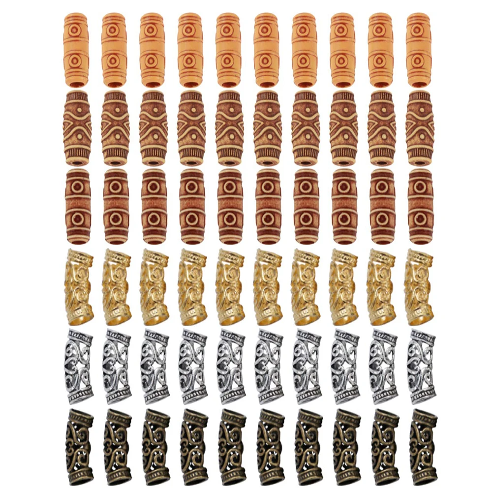 

60 Pcs Imitation Wood Beads Metal Hollow Out Tube Beads Hair Braiding Jewelry for Hair Braiding Decoration DIY Accessory Barrel