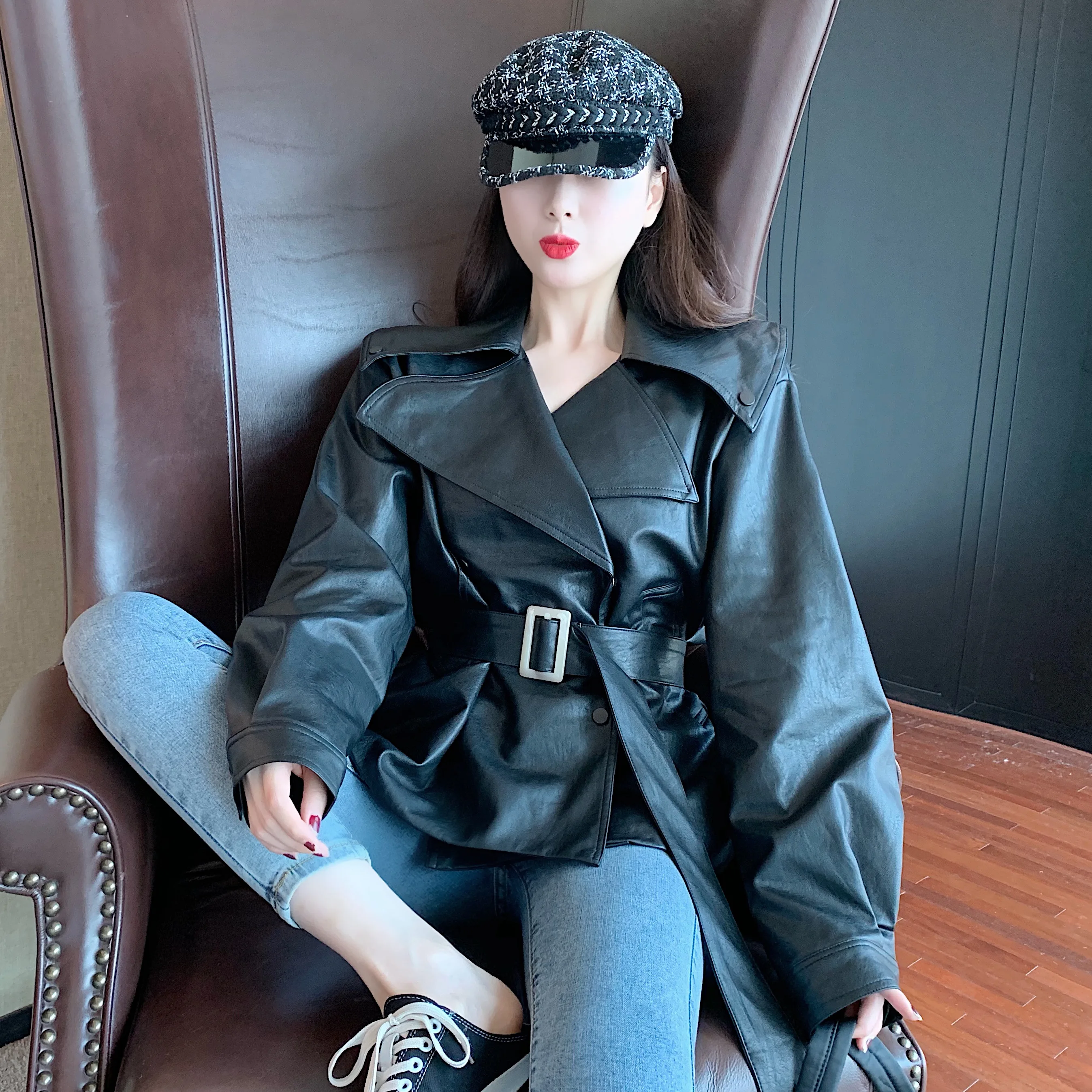 Neploe Women Vintage Faux Leather Jacket Double Breasted Sashes Pu Jacket Autumn Turn-Down Collar Solid Slim Leather Coat 55273