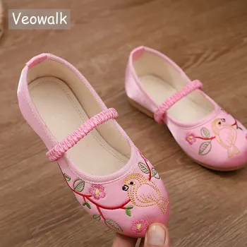

Veowalk Chinese Embroidery Children Cotton Ballet Flats 2-14 Year Little Girls Kids School Dance Shoes Soft Comfort Breathable