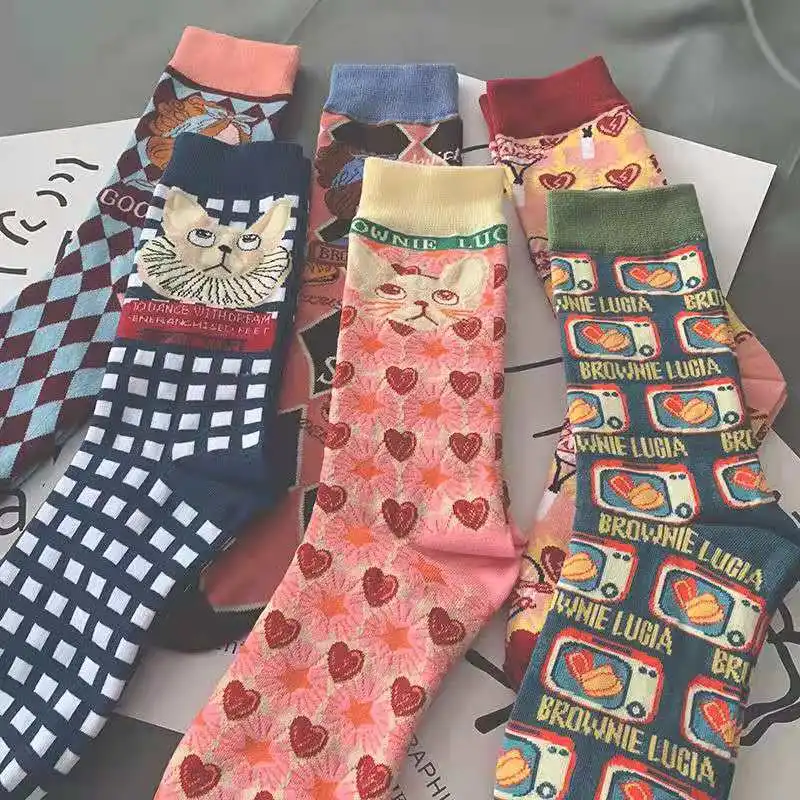 Socks Women Spring New High-tube Illustration Art Checker Japanese Department of Lovely Cartoon Lolita Cotton | Женская одежда