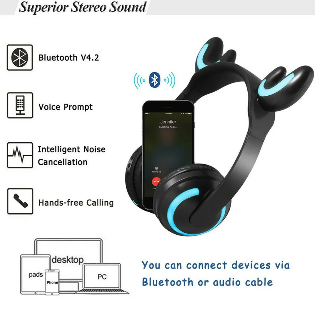 Светящиеся кошачьи наушники Bluetooth стерео кошачьи наушники мигающие Игровые наушники 7 цветов светодиодный свет беспроводная гарнитура для занятий спортом