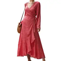 Женское тонкое платье с высокой талией с глубоким v-образным вырезом и длинным рукавом повседневное длинное платье Vestidos