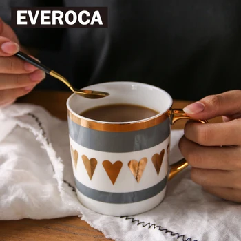 

Golden Ceramic Mug Porcelain Coffee Mug China Bone Milk Cup Love Heart Stripe