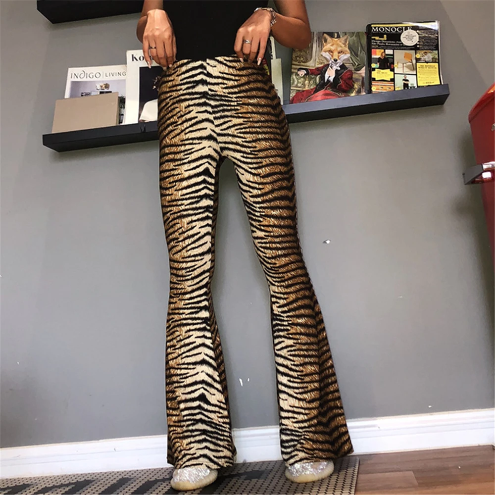 Женские Модные эластичные расклешенные брюки с высокой талией и Леопардовым Рисунком Тигра, обтягивающие эластичные узкие расклешенные брюки, женские Pantalon, Femme