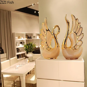 

2 Pcs/set European Swan Desktop Decoration Home Decor Ornaments Galvanized Golden Ceramics Animal Statue Crafts Adornment