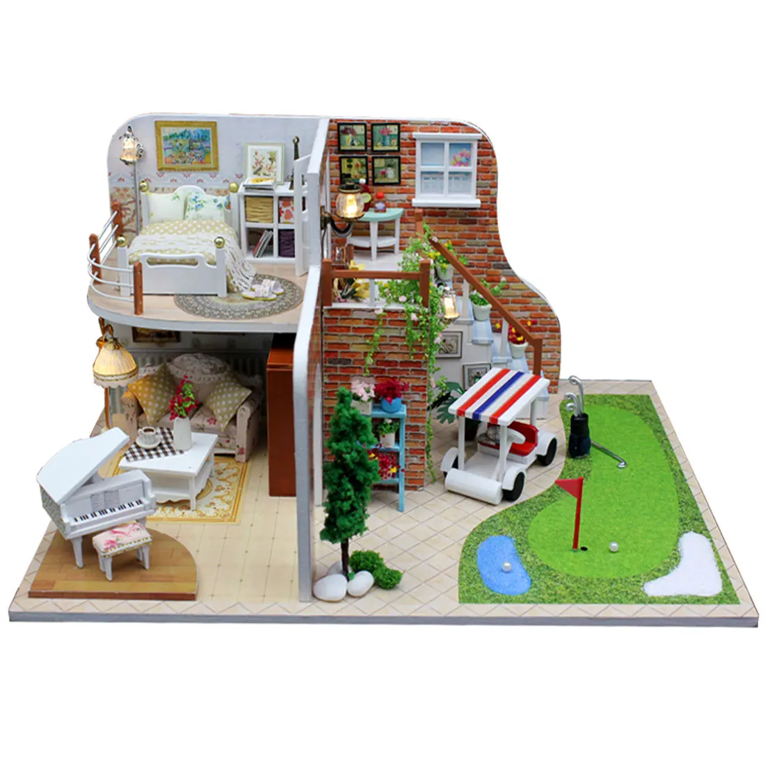 

Doll House DIY Creative Handmade Theme Wooden Cabin Assembly Building Model Toy Set With Light And Music For Children-Golf House