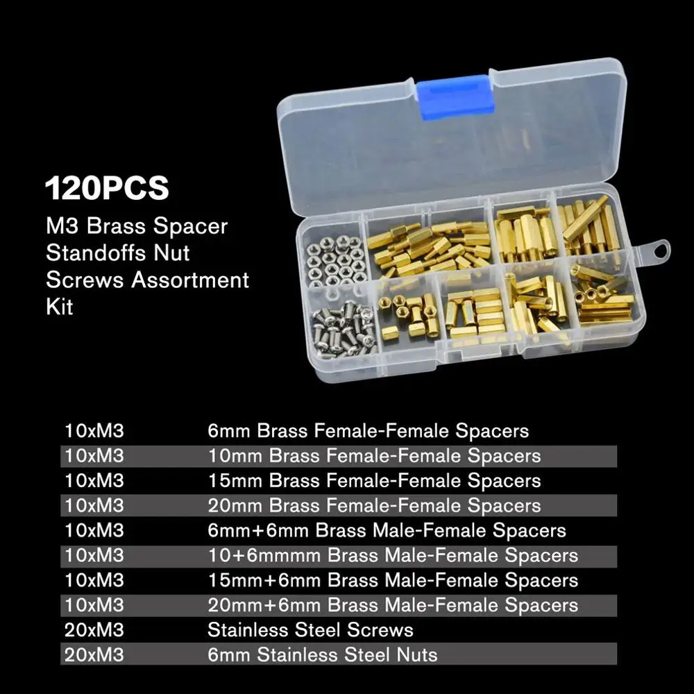 120Pcs Male Female M3 Brass Standoff Spacer PCB Board Hex Screws Nut Assortment Kit 6mm 10mm 15mm 20mm PCB Fastener