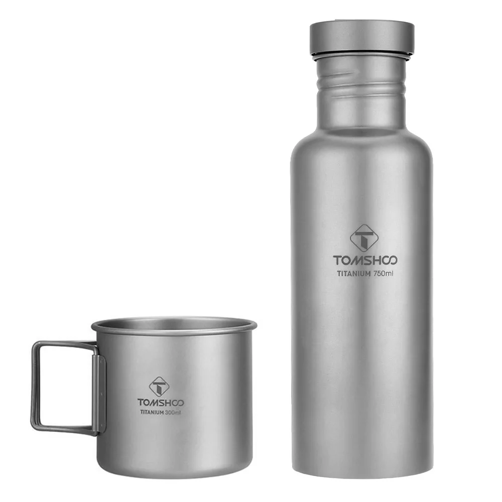

TOMSHOO 750ml Full Titanium Water Bottle with 300ml Cup Outdoor Tableware Camping Hiking Water Cup Sports Bottle