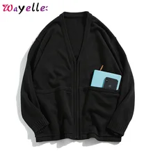 Однотонный мужской свитер пальто v-образный вырез кардиган с карманами осенний свитер мужской повседневный вязаный шерстяной свитер молния хип хоп мужской кардиган