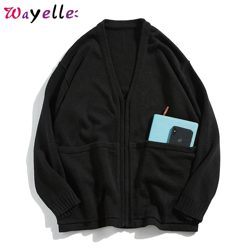 

Solid Men Sweater Coats 2019 V-Neck Pockets Cardigan Fall Sweater Men Casual Knitted Wool Sweaters Zipper Hip Hop Men Cardigan