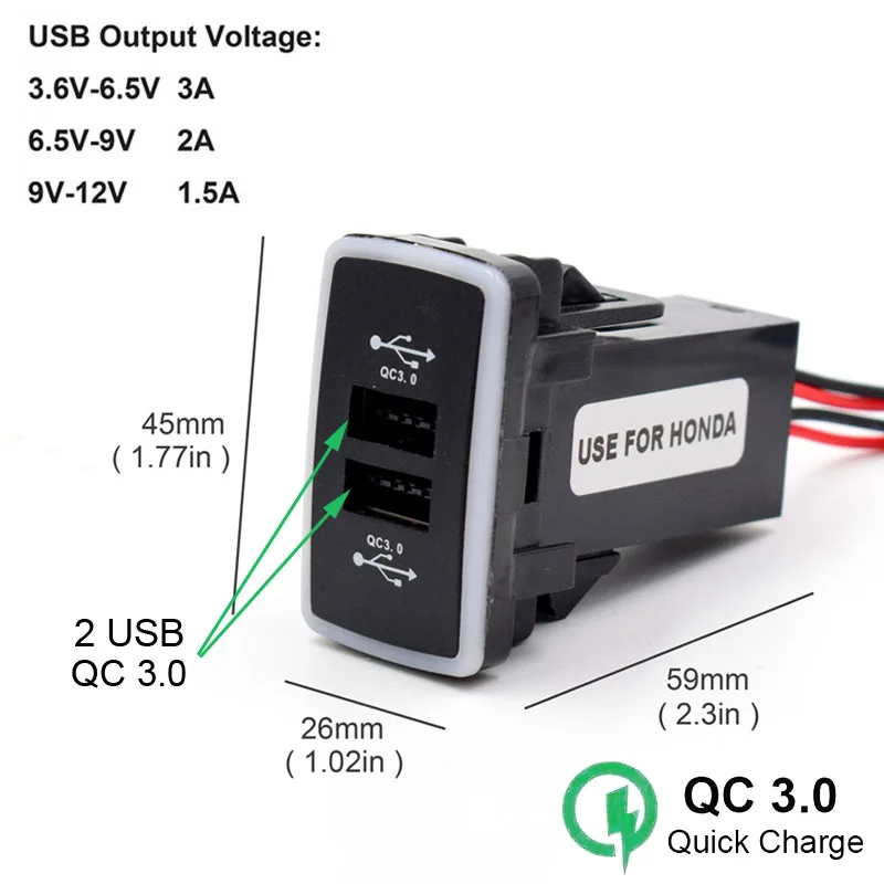 XCGaoon QC3.0 Quickcharge 2 USB Автомобильное зарядное устройство Телефон PDA адаптер DVR Plug& Play кабель с синими огнями для HONDA