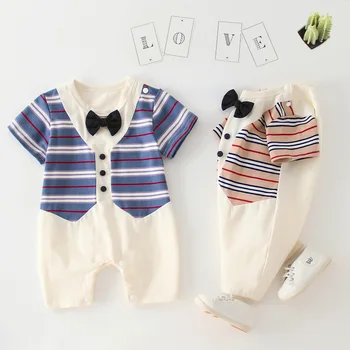 

New Baby Boys Clothes 2020 Summer Short Sleeve English Printing Rompers Newborn Infant Baby Boy Girl Stripe Clothes Jumpsuit