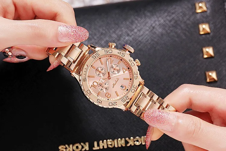 Женские золотые часы, люксовый бренд, женские кварцевые часы с большим циферблатом, с шестью контактами, полностью из нержавеющей стали, женские часы, reloj mujer