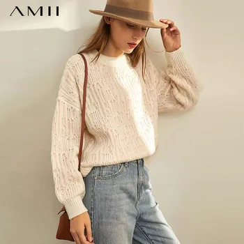 

Amii Autumn Winter Women Korean Knit Sweater Female Solid Round Neck Knitted Pullover Sweater Tops 11930271