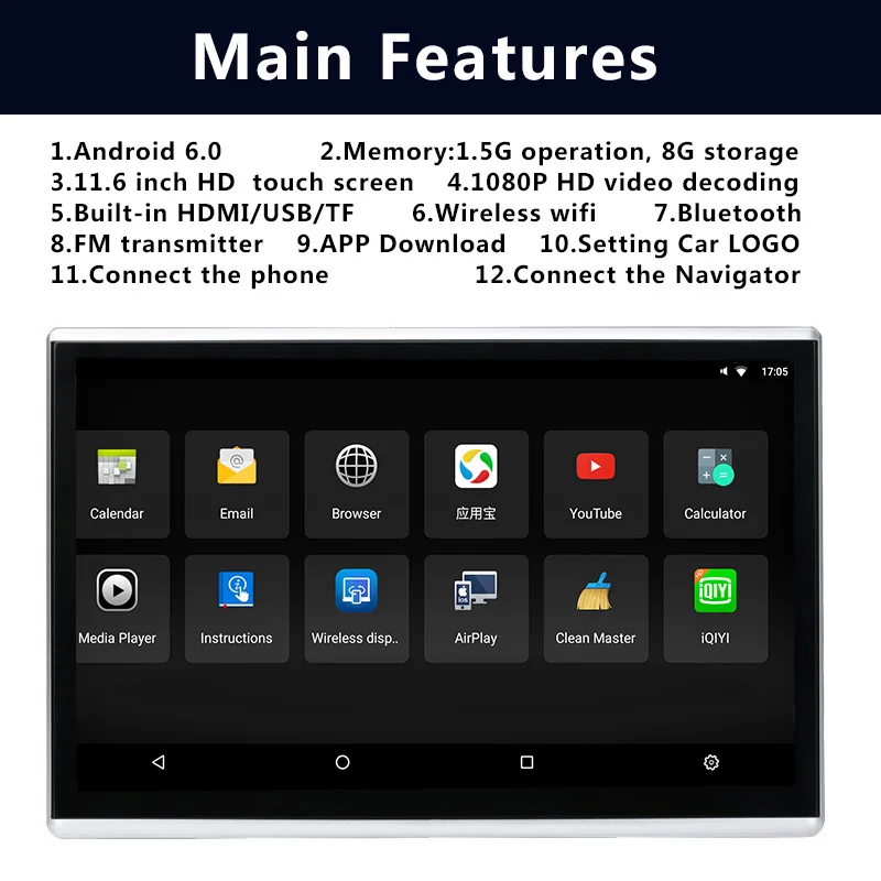 11,6 дюймов Android 6,0 Автомобильный подголовник монитор 1920*1080 HD 1080P видео сенсорный экран wifi/Bluetooth/USB/SD/HDMI/FM MP5 видео плеер