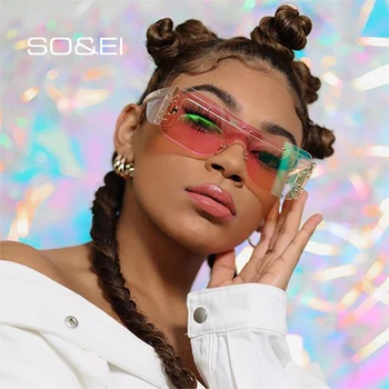 

SO&EI Fashion Clear Lens Colorful Eyewear Rimless Square Sunglasses Women Retro Rivets One Piece Female Sun Glasses Shades UV400