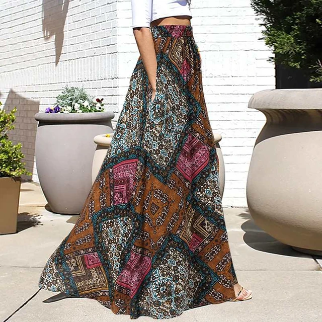 ZANZEA-faldas acampanadas estampadas para largas Bohemias de cintura alta elástica, informales, elegantes, A la moda, para verano, 2021 _ - AliExpress Mobile