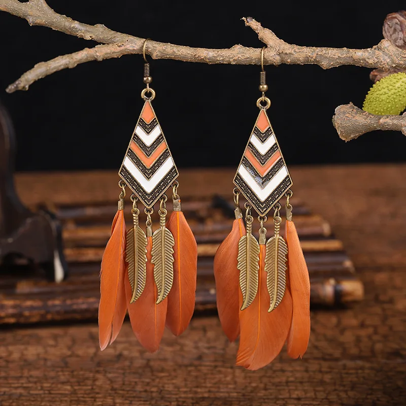 Geometric Bohemian Vintage Tassel Feather Earrings Women Jewelry Fashion Long Chain Dangle
