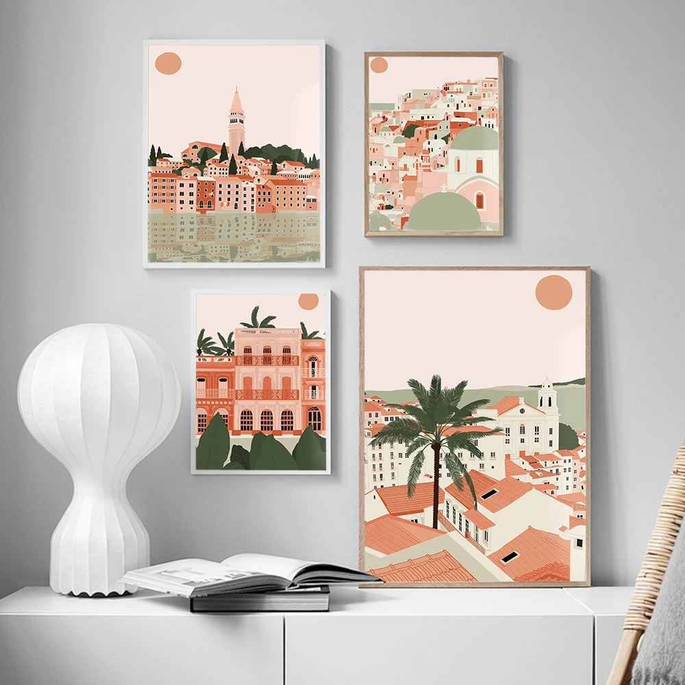 

Lisbon Poster Building Sun Canvas Painting Havana Rovinj Santorini City Print Wall Art Architecture Travel Picture On The Wall