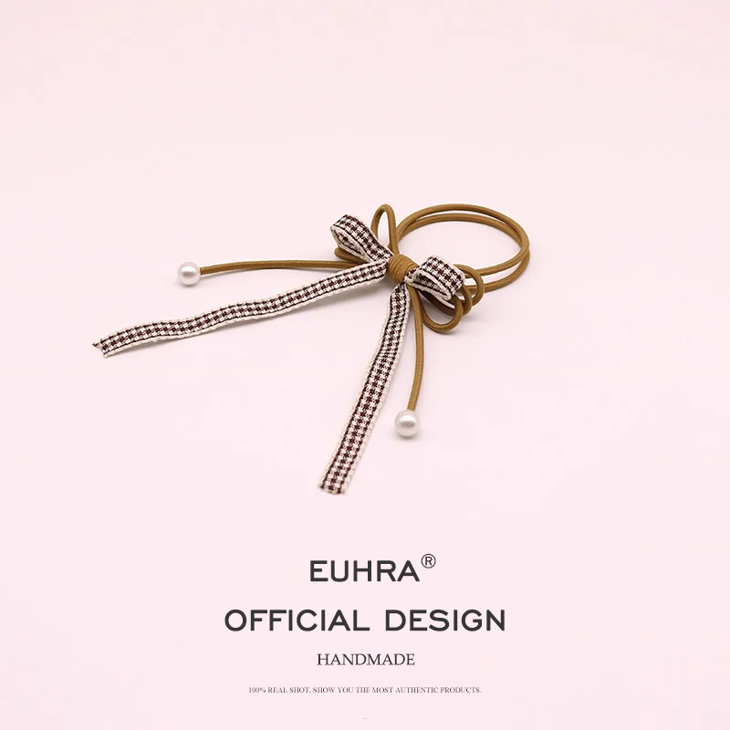 EUHRA, 6 цветов, клетчатая лента, жемчуг, мода для девушек, стримеры для волос, трикотажные резинки для волос, конский хвост, головной убор, женские аксессуары для волос