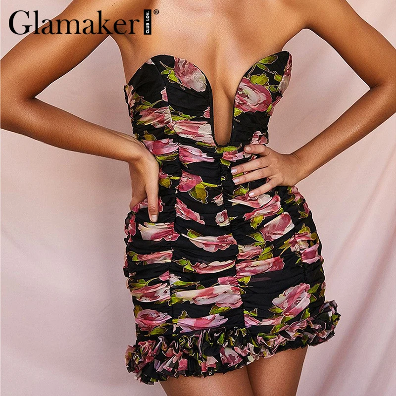 Glamaker, Короткое женское платье с цветочным принтом, Сетчатое, сексуальное, без бретелек, плиссированное, облегающее, мини-платье, вечерние, для клуба, с рюшами, элегантное, vestidos, для женщин