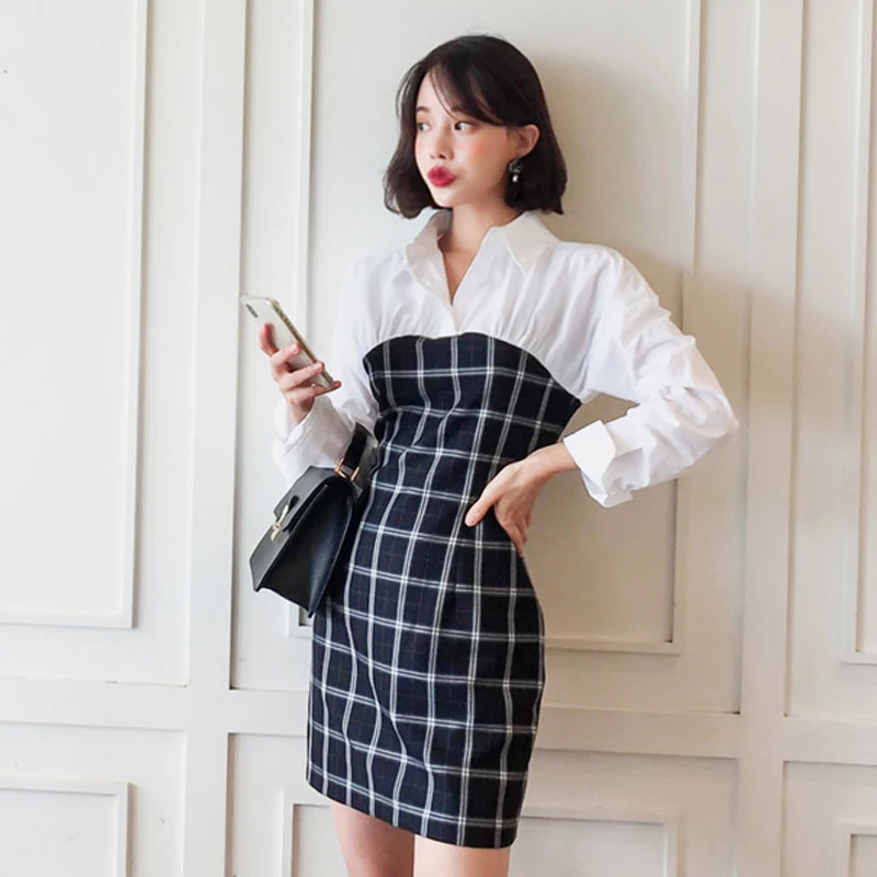

2019 Autumn New Elegant Plaid Patchwork Long Sleeve Short Formal Party Dress Office Lady Work Shirt Dress Spring