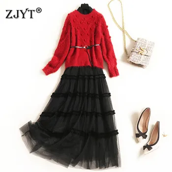 

2020 Spring Women Dress High Fashion Designers Long Sleeve Pullover Loose Sweater and Midi Lace Tulle Dress 2piece Sets