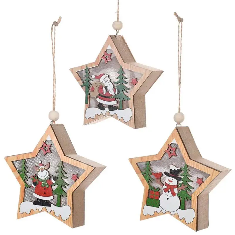 

Wooden Pentagon Pendant Christmas Tree Star LED Fairy Light Ornament Craft