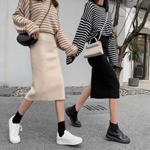 Осенне-зимняя женская трикотажная юбка, однотонные прямые юбки до середины икры, милая Империя, Женская Повседневная винтажная Корейская юбка