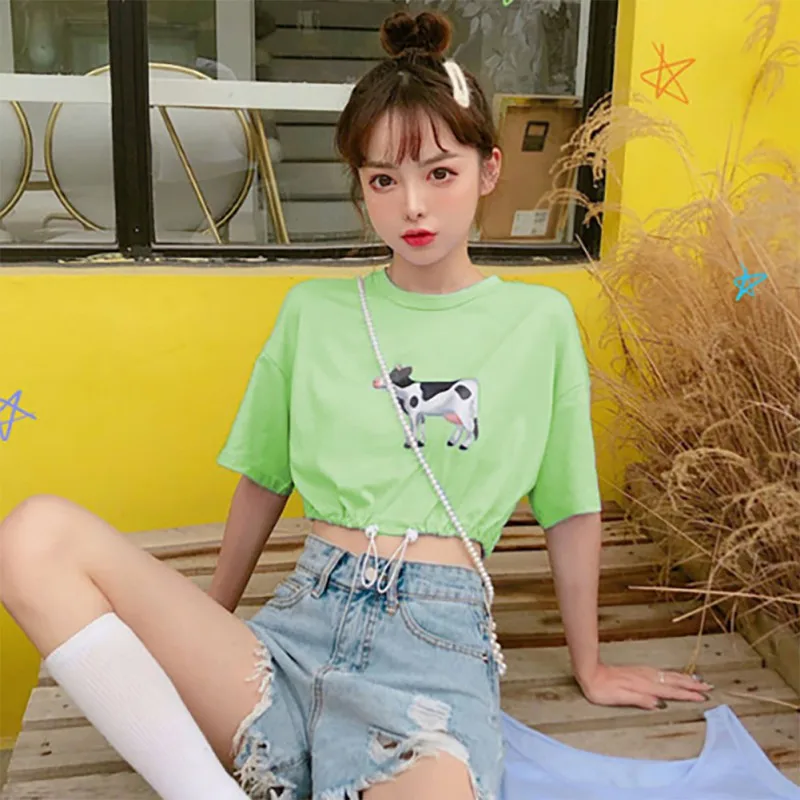 2019 Summer Women's Casual Elegant Fashion Style Round Neck Cartoon Cow Print Short Sleeve Drawstring Pullover Crop Top T-Shirt | Женская