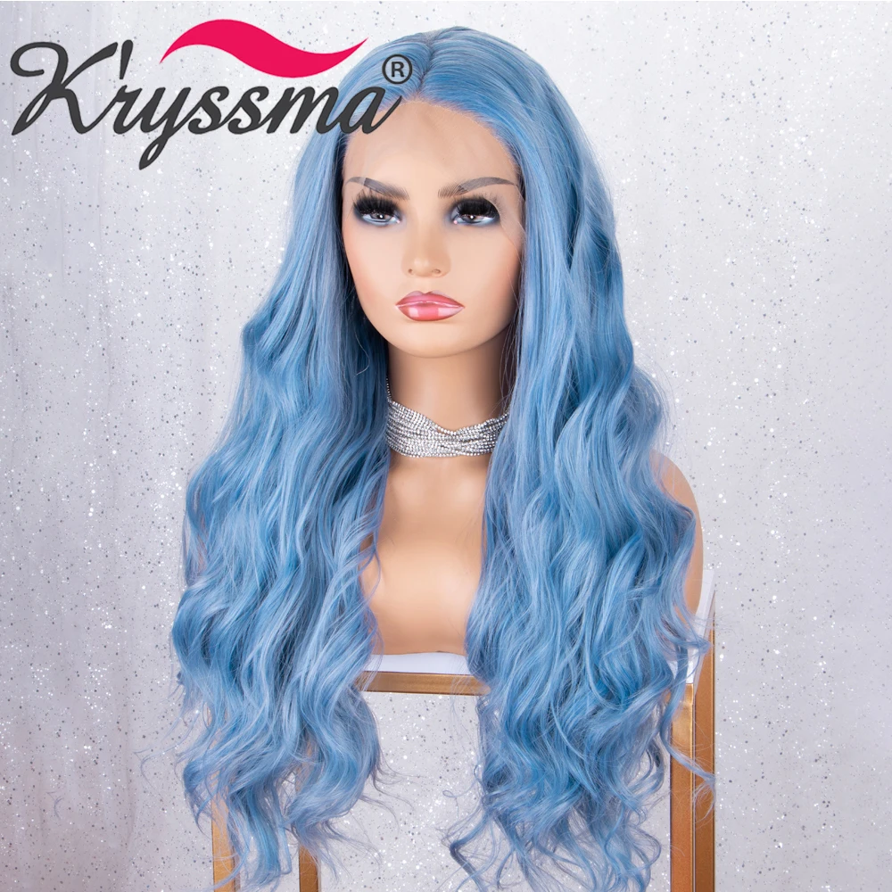Kryssma 13x3 кружевные голубые парики синтетические парики на фронте шнурка для черных женщин длинные волнистые косплей парик высокотемпературное волокно