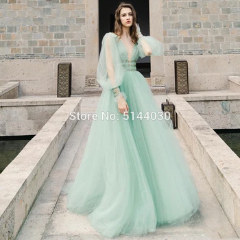 

Mint Green Evening Dresses 2019 V-Neck Backless Beaded Tulle A-Line Vestido De Festa Long Sleeves Evening Gowns Prom Party Dress