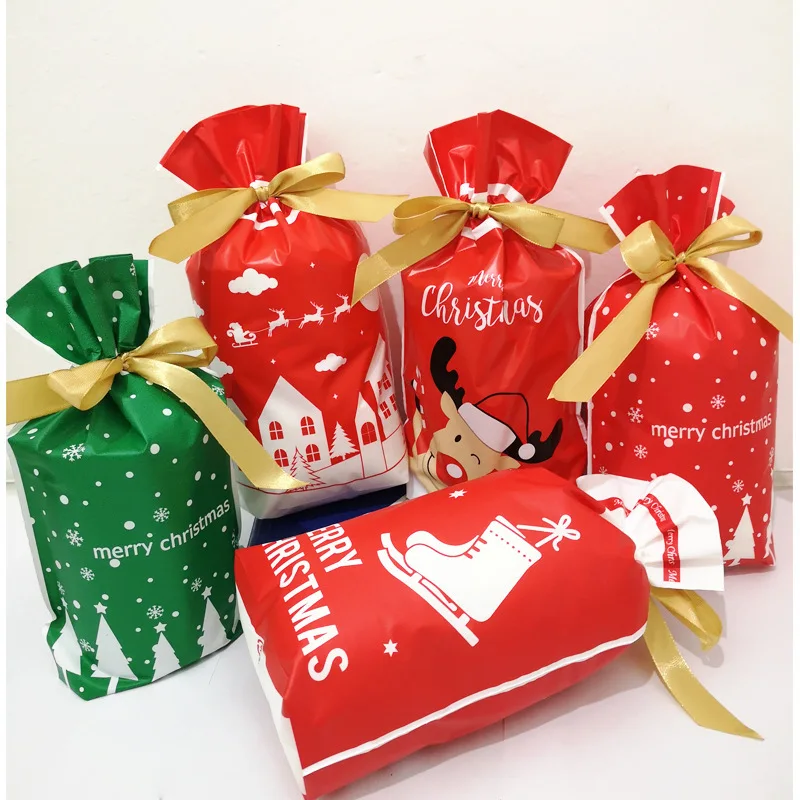 

50pcs Christmas Tree Plastic Candy Cookies Bags With Ribbon Biscuit Package Wedding Party Drawstring Christmas Gift Bags