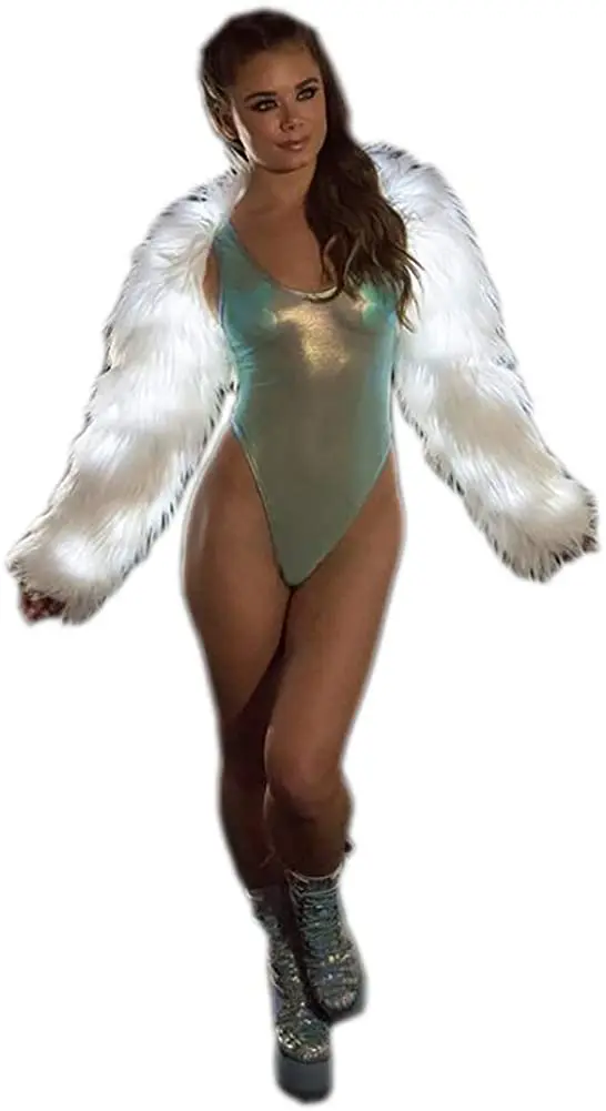 

Nehua Women's Led Performance Clothing Stage Wear Casual Set Light Fur Three-Piece Suit Bra Skirt Leg Cover White